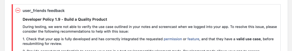 Facebook "user_friends feedback" that repeats FAQs without explaining the issue